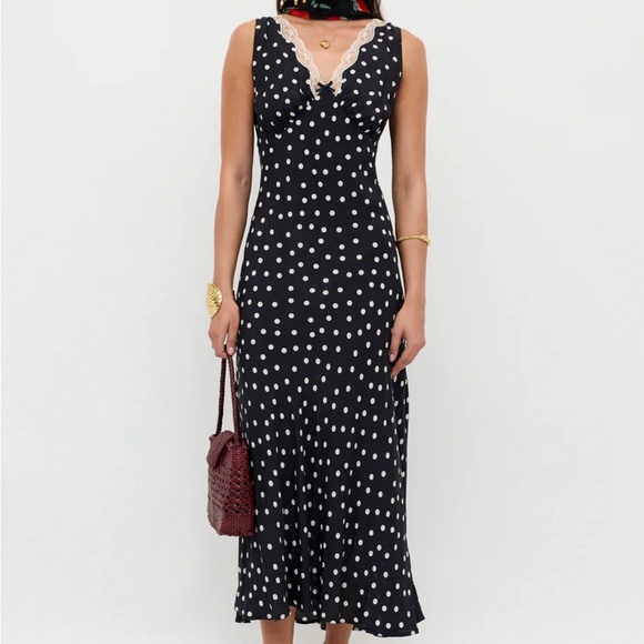 Rixo Sandrine Polka-Dot Woven Midi Dress in Navy Blue Viscose Size XXS NWT - Picture 1 of 12